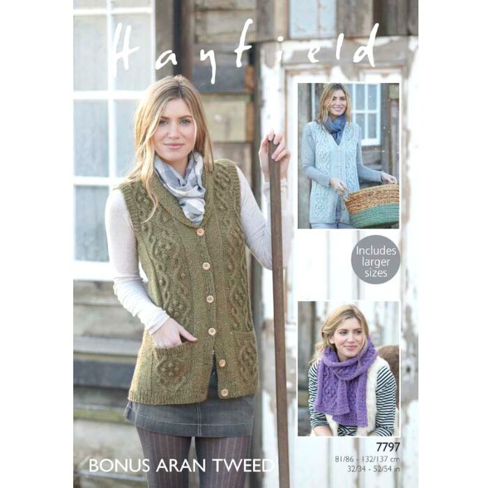 Hayfield Bonus Aran Tweed Women's V Neck Cardigan & Scarf Knitting Pattern 7797 32-54in main product photo