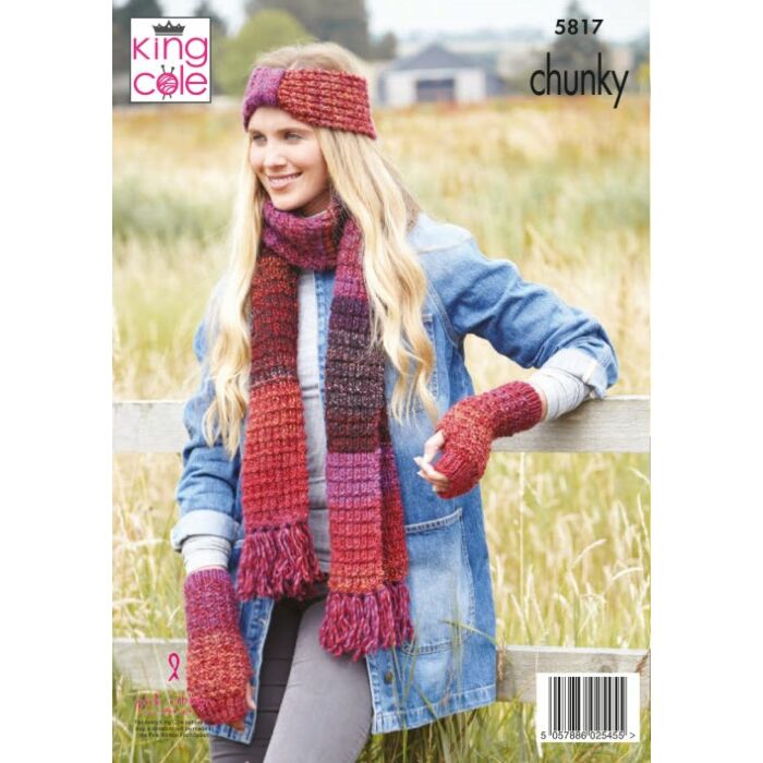 King Cole Autumn Chunky Hat Shawl Wristwarmers Headband Scarf Pattern 5817 main product photo