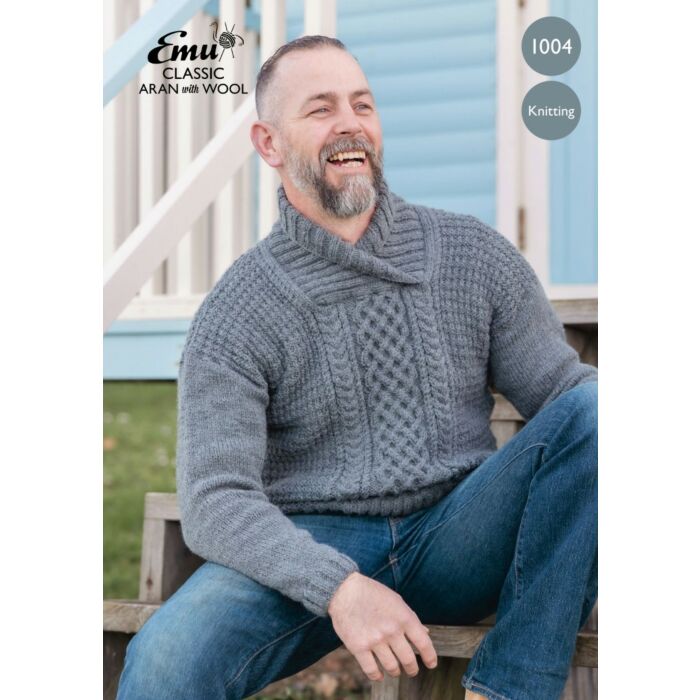 Emu Classic Aran With Wool Men's Shawl Neck Jumper 1004 Knitting Pattern PDF To Fit Chest 3638 - 4446" main product photo