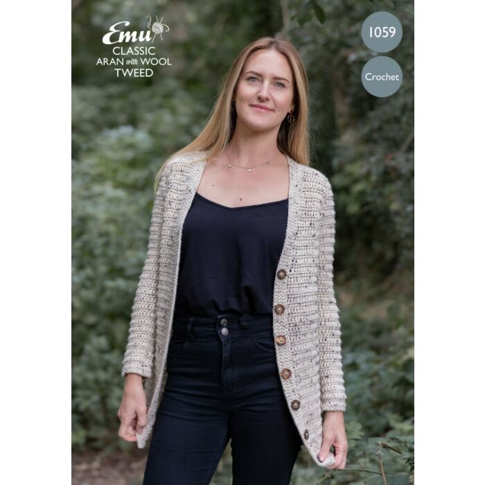 Emu Classic Aran With Wool Tweed Ladies Cardigan 1059 Crochet Pattern PDF To Fit Bust 3032 - 4648" main product photo
