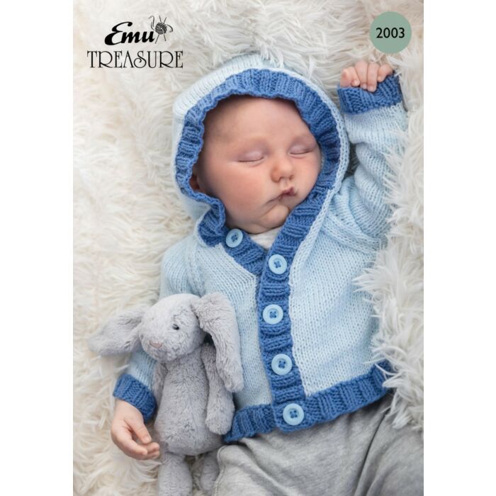 Emu Treasure DK Baby Contrast Trim Hooded Jacket 2003 Knitting Pattern PDF Birth to 7 Years main product photo
