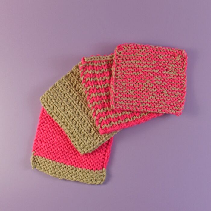 Billy Coasters Knitting Pattern by Emma Munn in Sirdar Happy Cotton DK & Ricorumi Neon DK