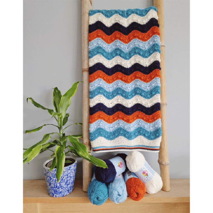 Gentle Ripples Bobble Baby Crochet Blanket Kit Blue & Orange by EmKatCrochet main product photo