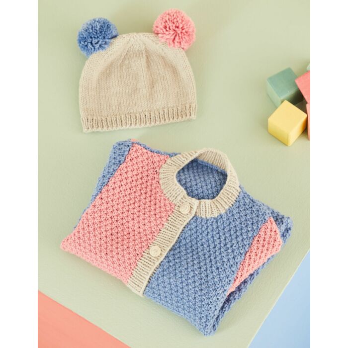 Sirdar Baby Colour Block Romper & Pom Pom Hat in Snuggly DK Knitting Pattern Download 5490 