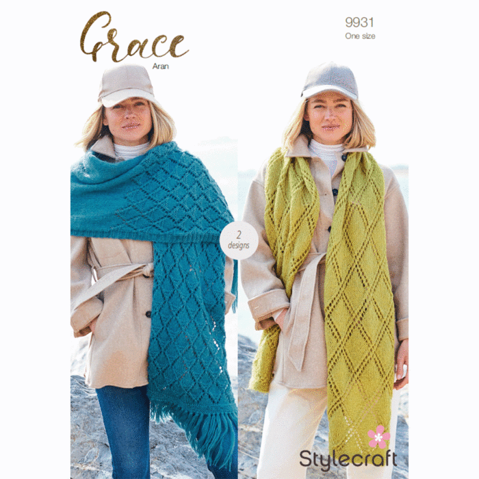 Stylecraft Grace Aran Ladies Shawls 9931 Knitting Pattern Download main product photo